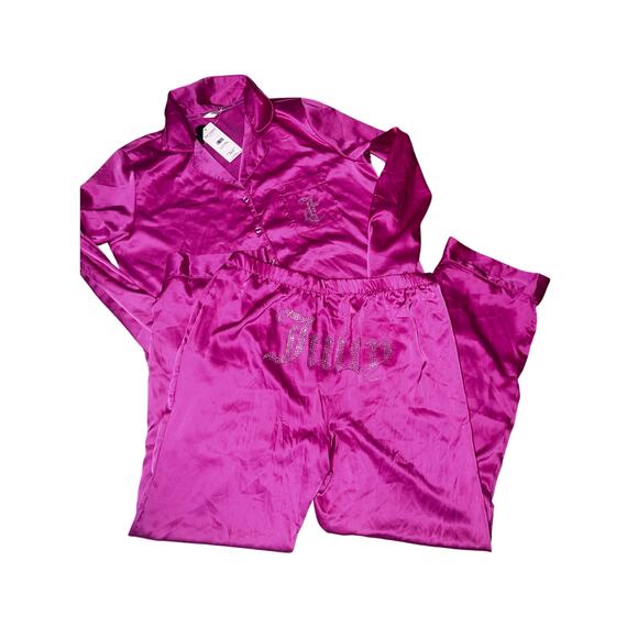 Juicy Couture Y2K Pink Bling rhinestones satin silky women's pajama set MED NEW - Picture 5 of 7